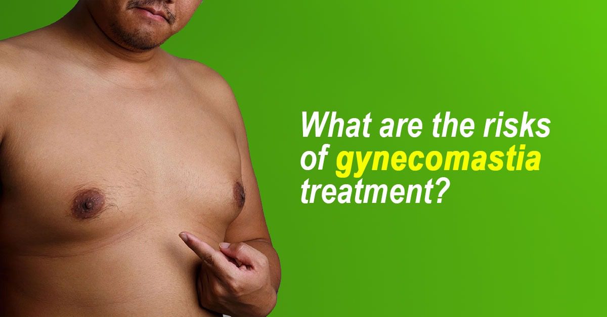 Male chest with visible gynecomastia pointing to excess tissue, illustrating risks of gynecomastia treatment.
