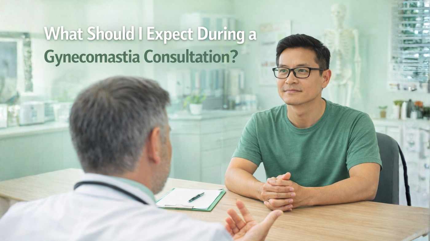 Patient discussing concerns with a doctor during a gynecomastia consultation in a clinical setting.