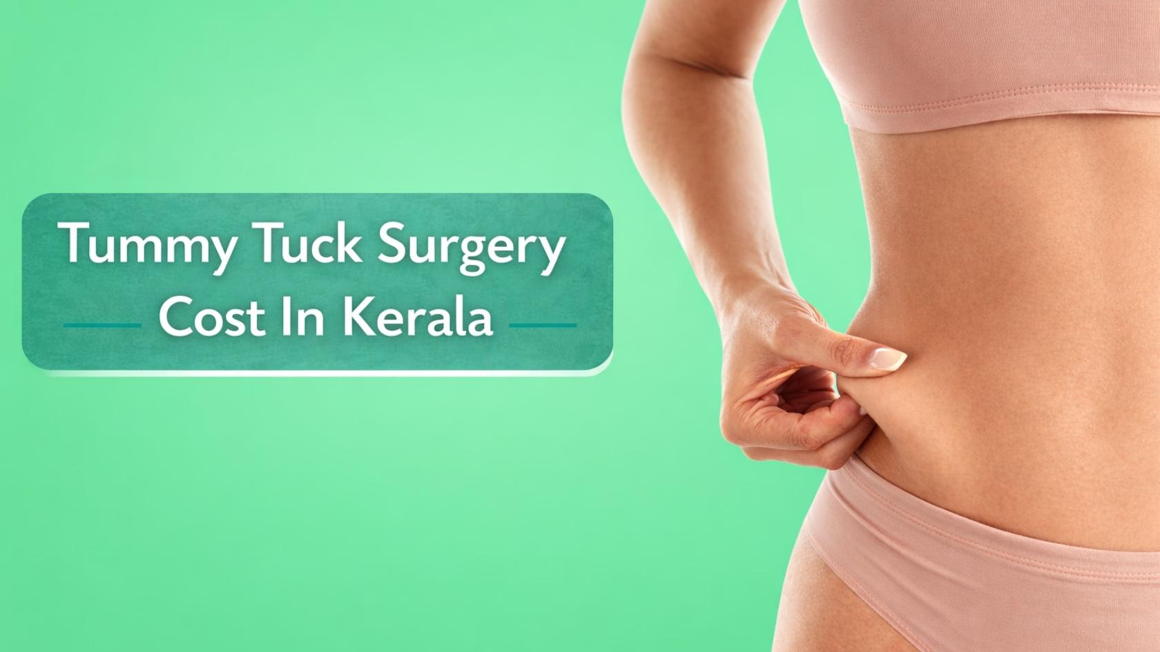 Woman holding abdominal skin representing tummy tuck surgery cost in Kerala