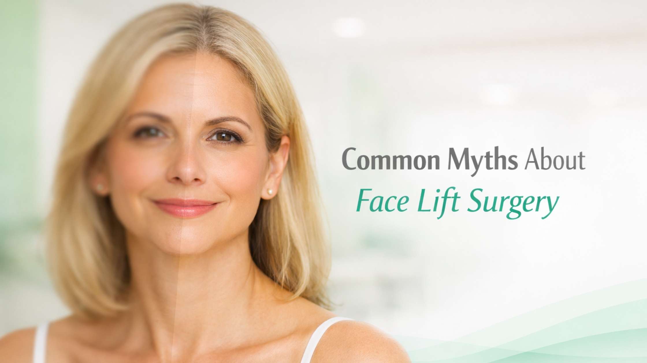 Middle-aged woman with blurred and clear sides representing myth vs. reality — Common Myths About Face Lift Surgery.