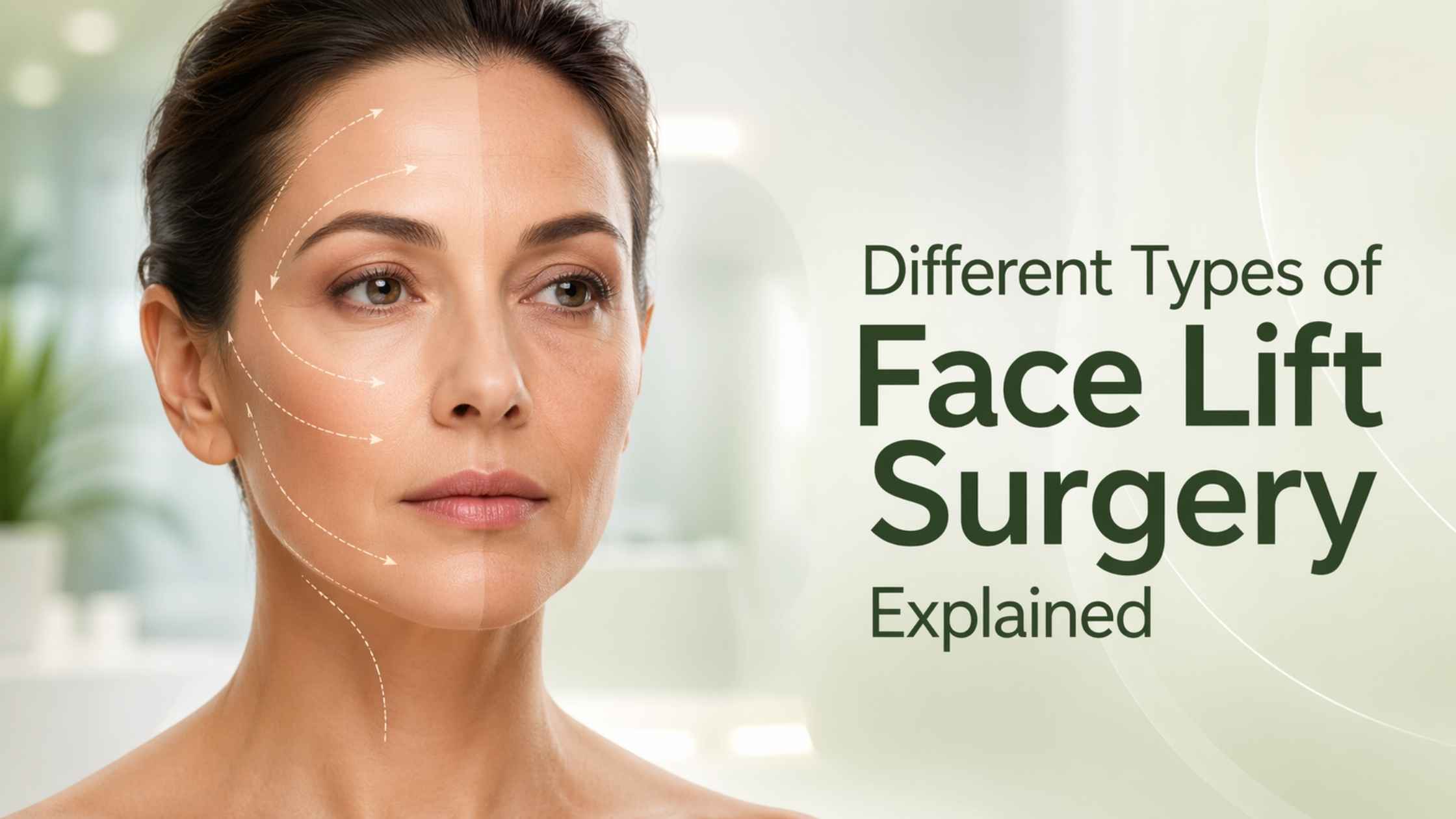 Different Types of Face Lift Surgery Explained with facial lifting markings showing areas of treatment