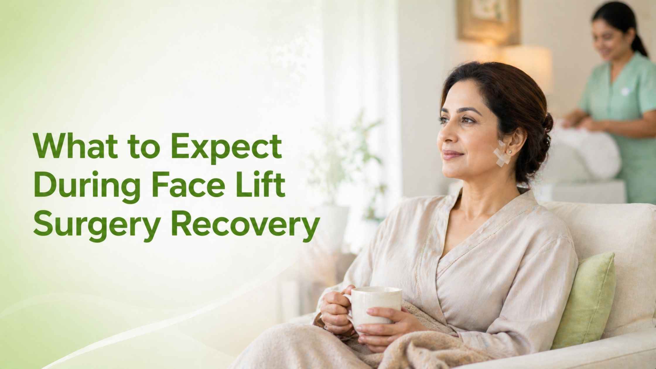 What to Expect During Face Lift Surgery Recovery banner showing a woman in a calm recovery setting with wellness-focused visual theme