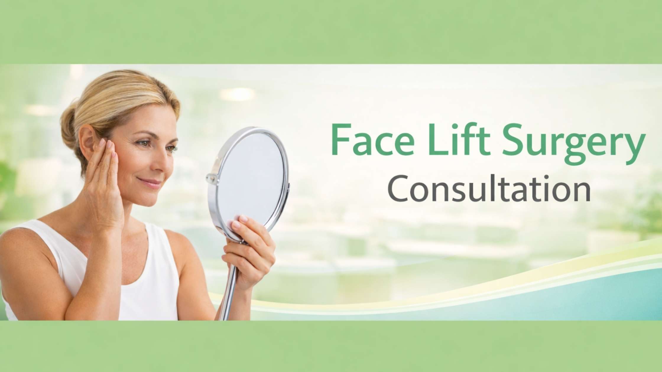 Woman examining her face in a mirror, representing Face Lift Surgery Consultation