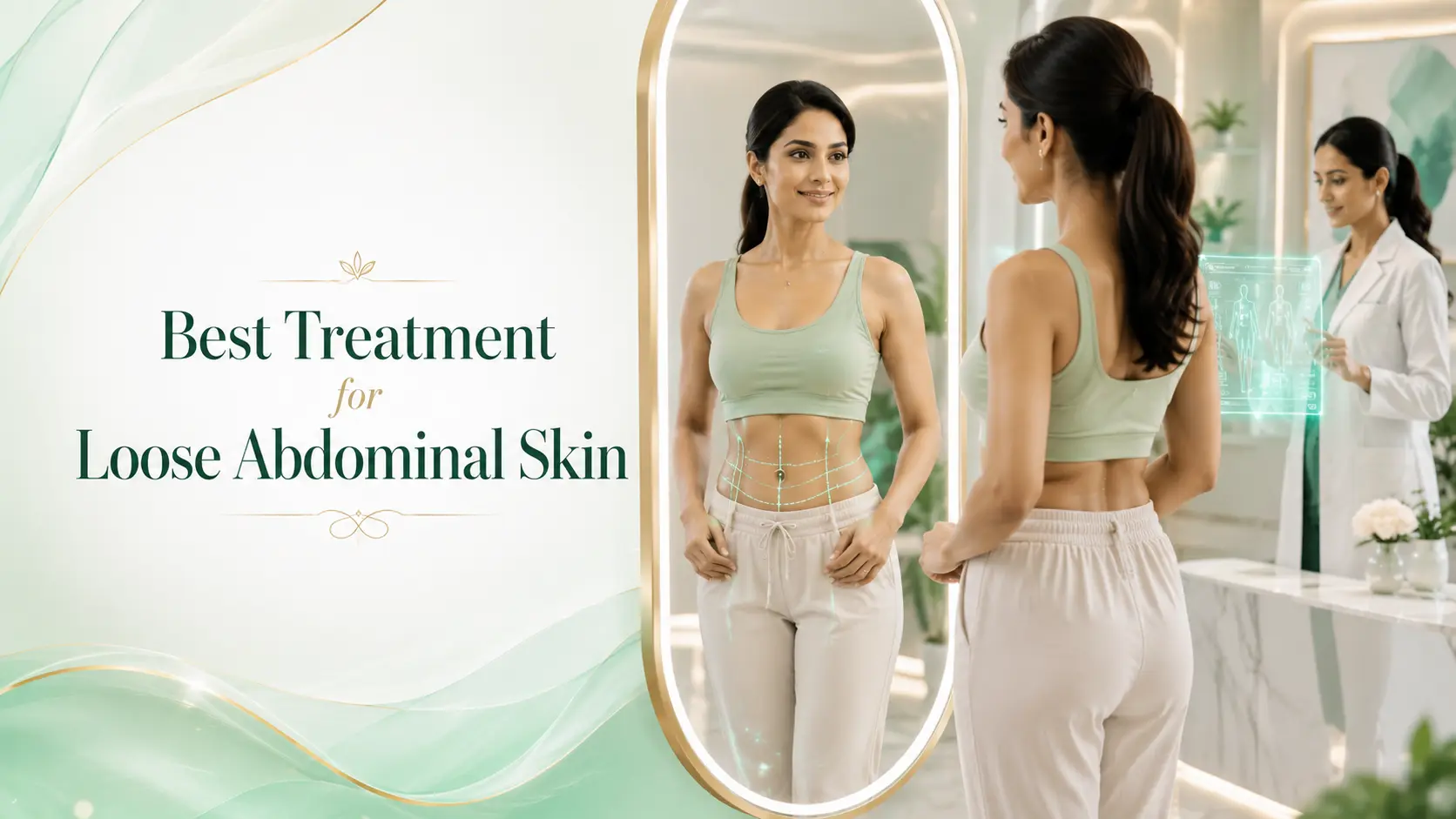 Best Treatment for Loose Abdominal Skin banner featuring a confident woman with subtle abdominal contour visualization in a luxury cosmetic surgery clinic.