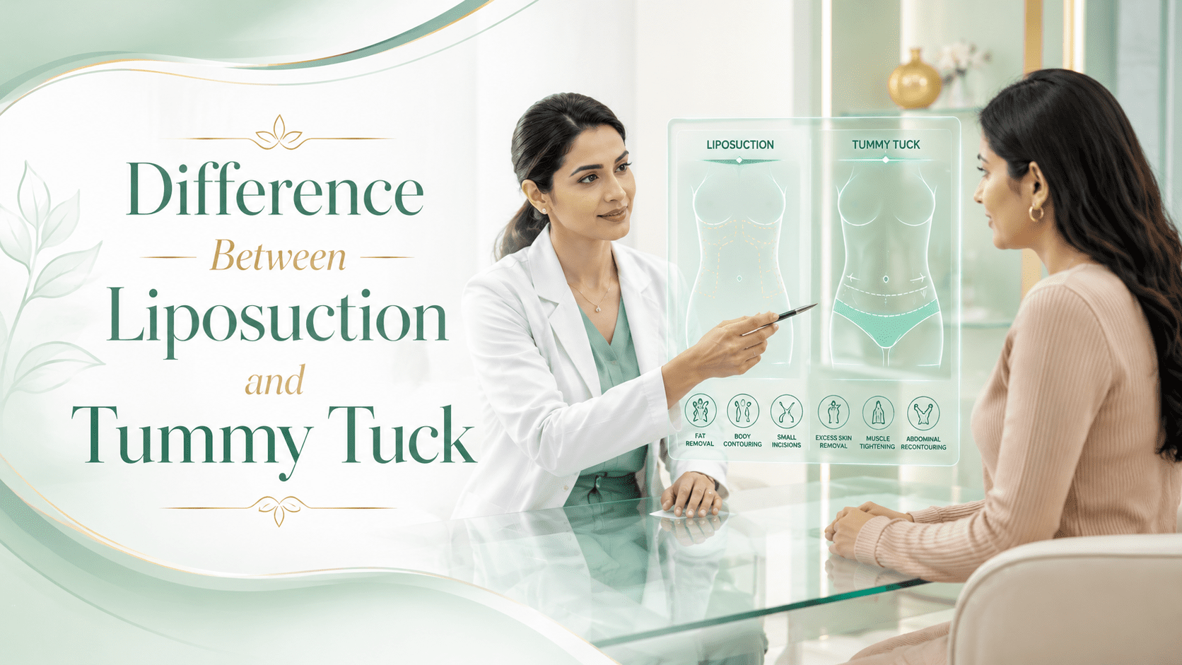 Difference Between Liposuction and Tummy Tuck consultation banner showing a cosmetic surgeon explaining body contouring procedures to a patient in a luxury clinic environment.