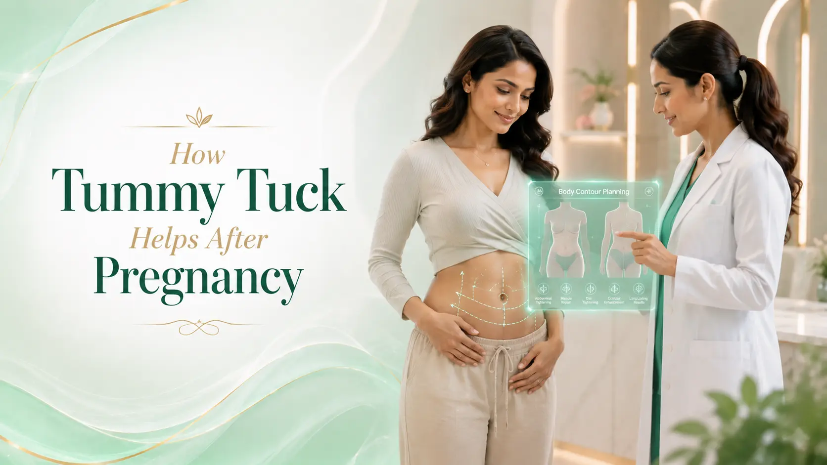 How Tummy Tuck Helps After Pregnancy banner showing a confident mother discussing abdominal contour improvement with a cosmetic surgeon in a luxury clinic.