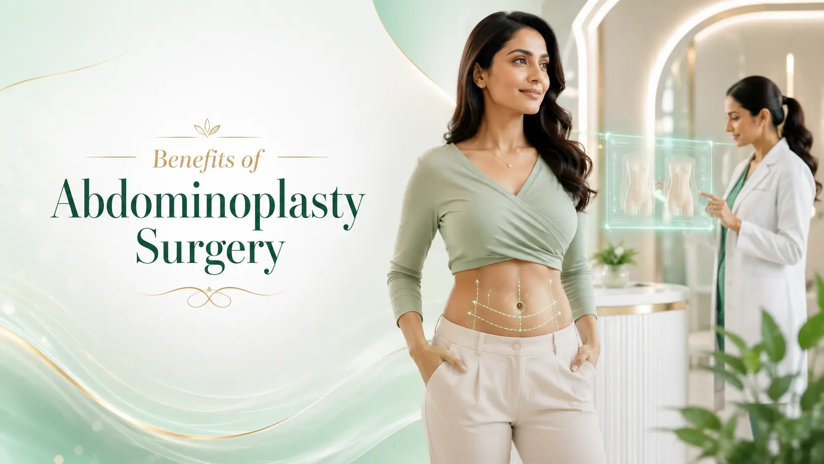 Benefits of Abdominoplasty Surgery banner featuring a confident woman with subtle abdominal contour markings in a premium cosmetic surgery clinic.