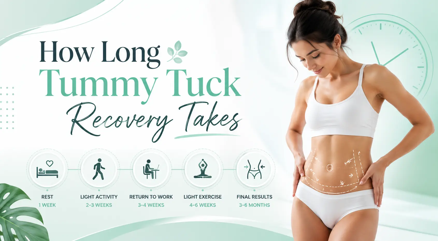How Long Tummy Tuck Recovery Takes banner showing a confident woman in a luxury cosmetic surgery setting with recovery timeline icons and abdominal contour illustration.