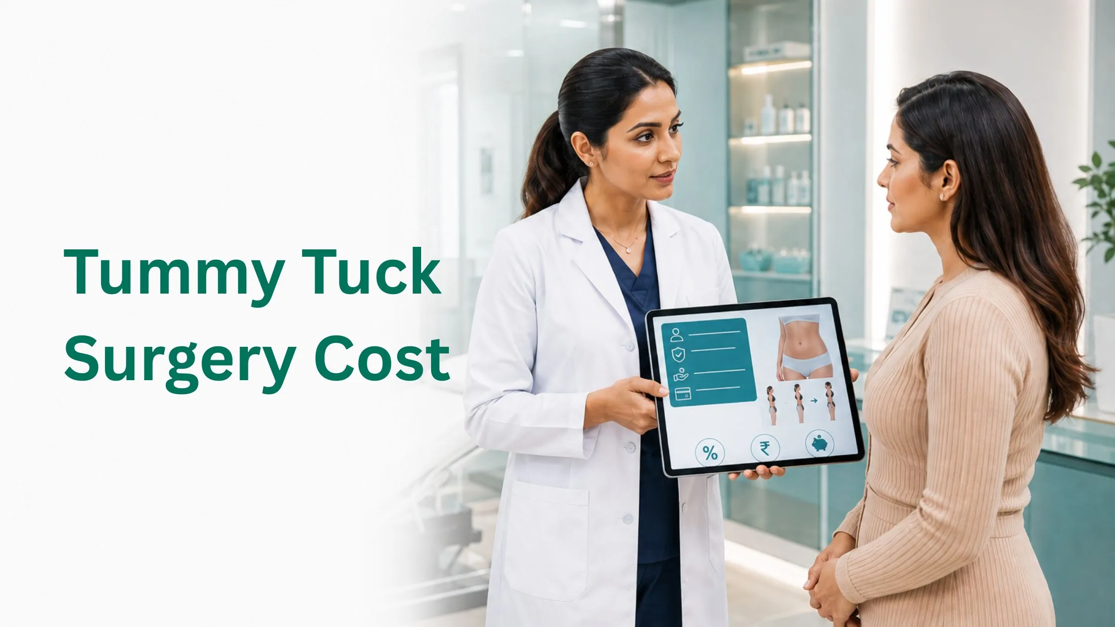 Tummy Tuck Surgery Cost consultation in a premium cosmetic surgery clinic with doctor explaining treatment planning