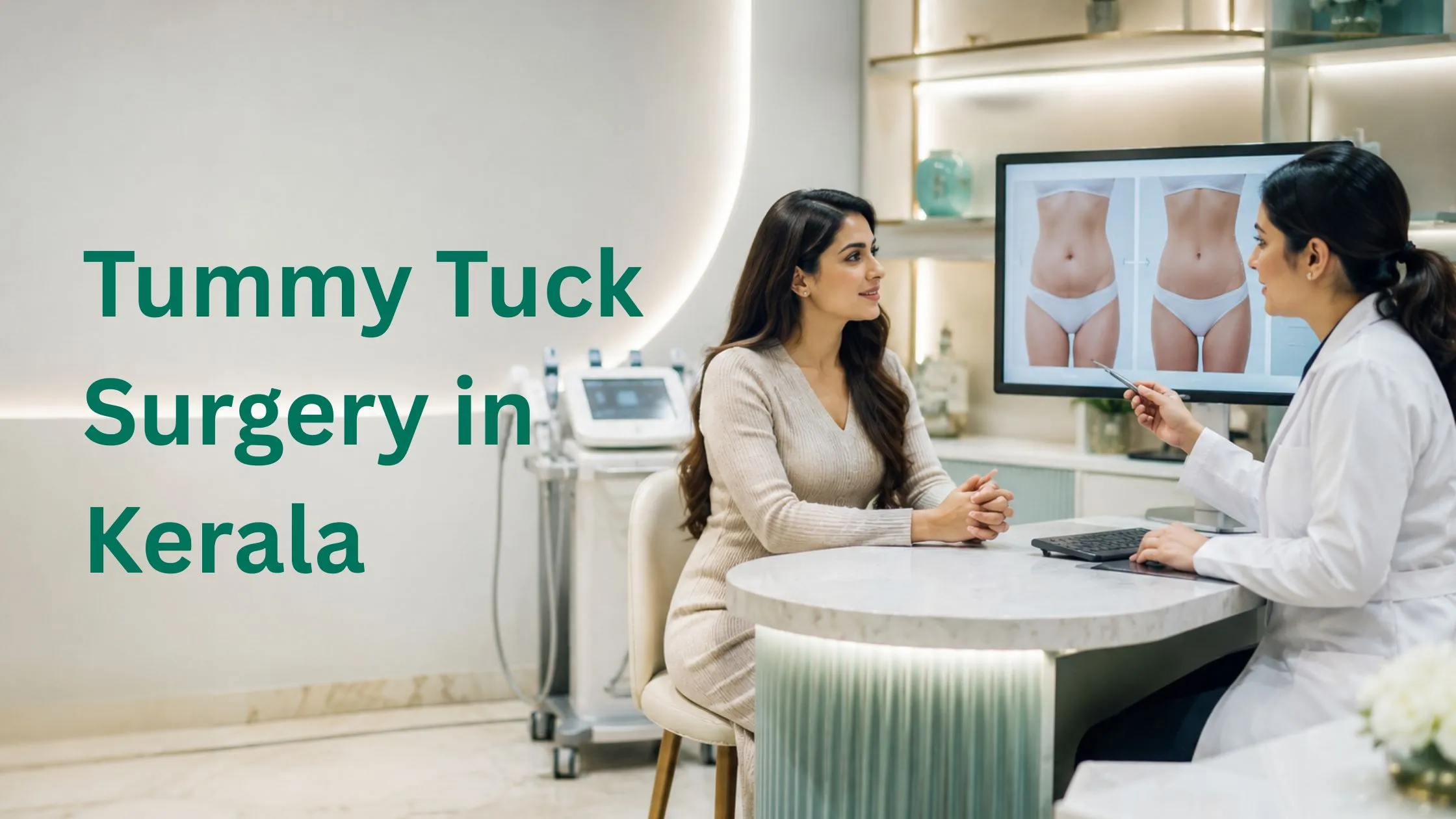 Professional consultation for tummy tuck surgery in Kerala inside a luxury cosmetic surgery clinic with abdominal contouring visuals and modern aesthetic setup.