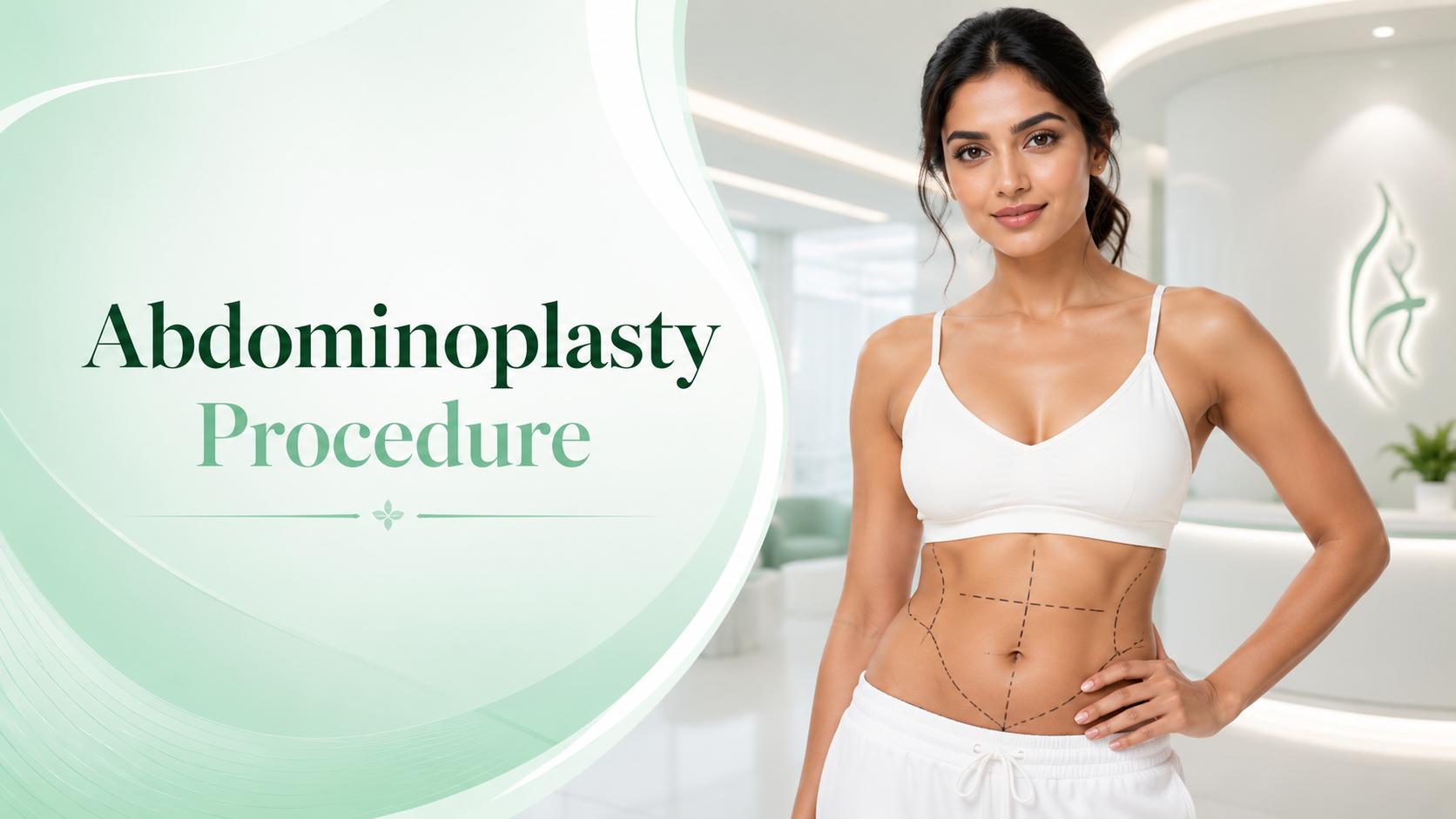 Abdominoplasty Procedure banner showing an elegant Indian woman with subtle abdominal surgical markings in a luxury cosmetic surgery clinic background