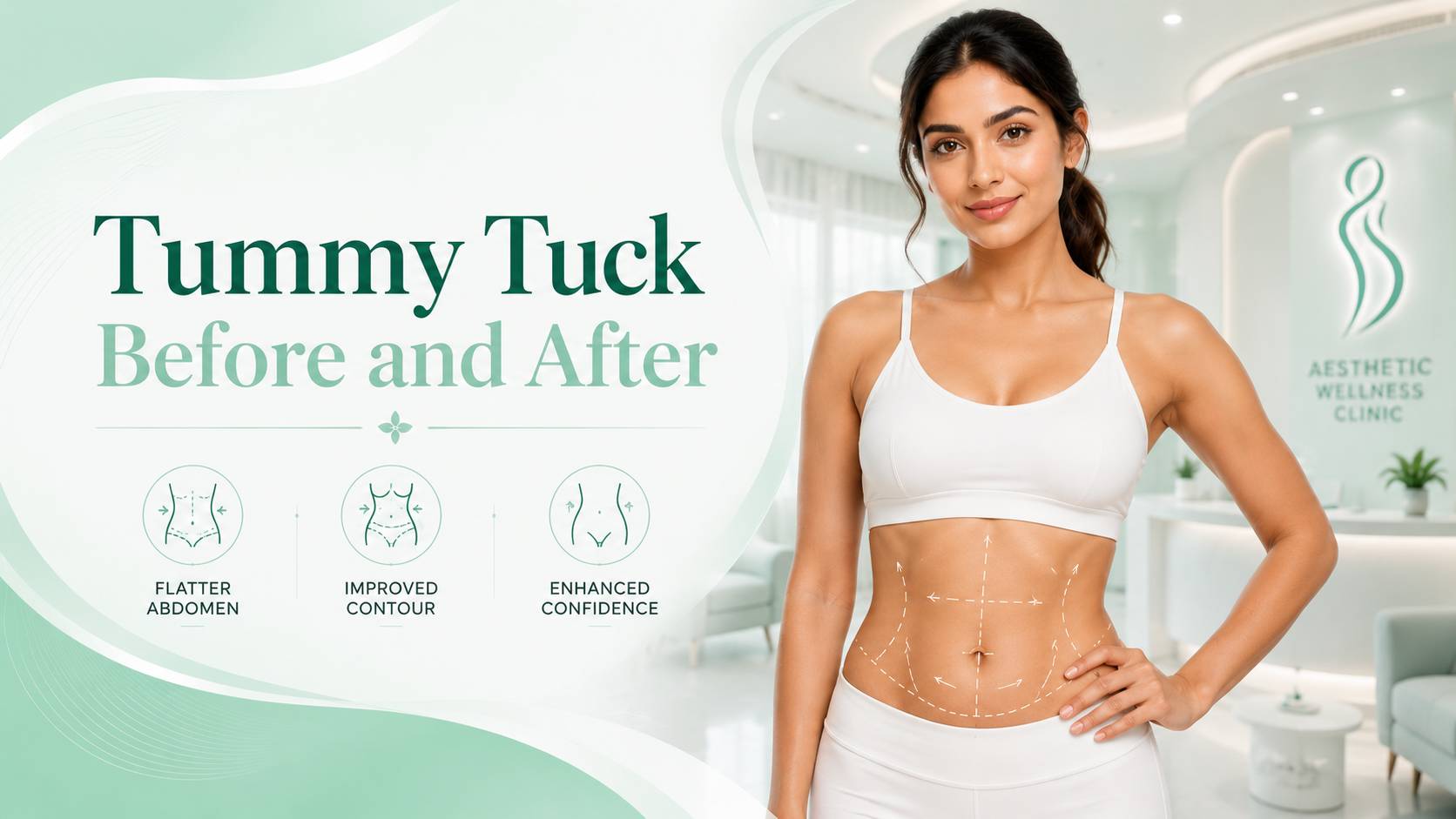 Tummy Tuck Before and After banner showing an elegant woman with abdominal contour markings in a luxury cosmetic surgery clinic