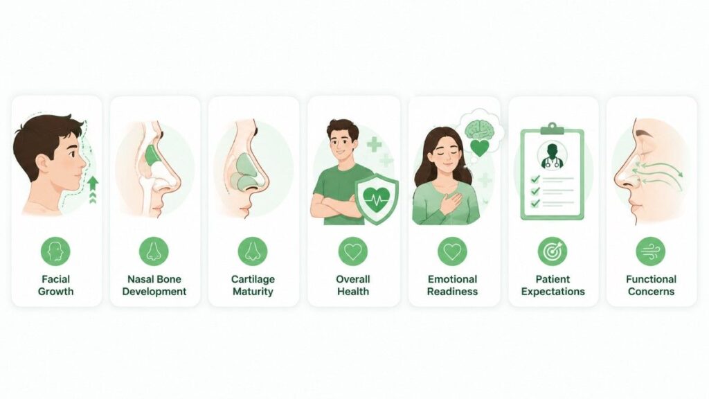 Best age for rhinoplasty surgery infographic illustrating facial growth, nasal bone development, cartilage maturity, overall health, emotional readiness, patient expectations, and functional concerns.