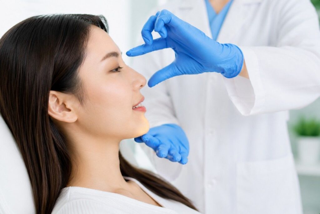 What to Expect After Rhinoplasty Surgery consultation image showing nasal assessment and recovery planning with a cosmetic surgery specialist.