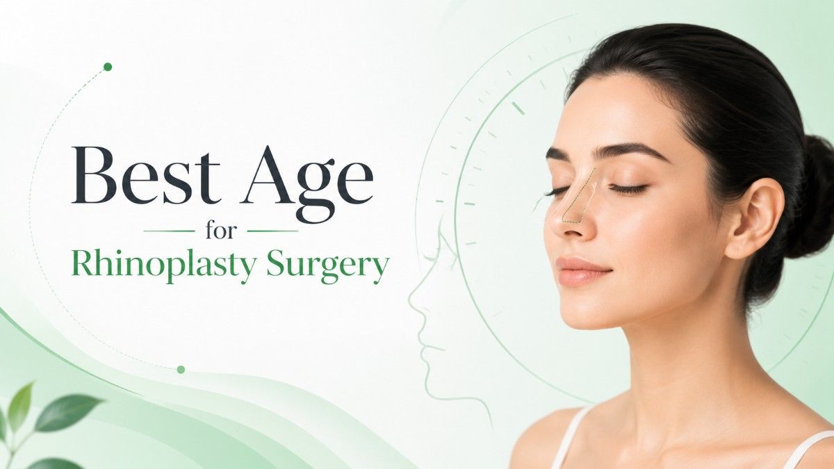 Best age for rhinoplasty surgery banner featuring a cosmetic surgeon consulting with a patient using digital facial analysis in a modern aesthetic clinic.