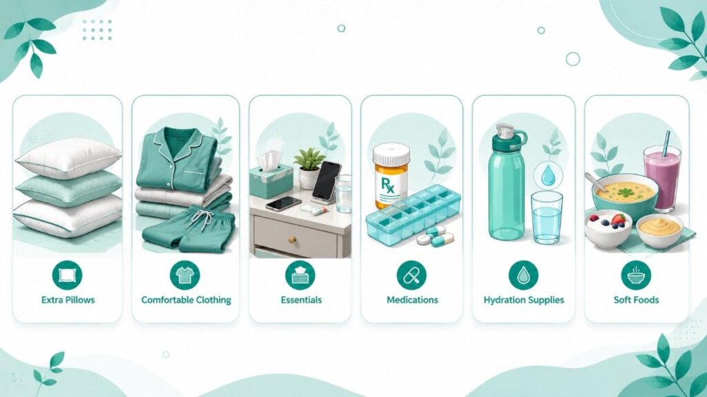 Preparing for Rhinoplasty Surgery recovery essentials illustration featuring extra pillows, comfortable clothing, medications, hydration supplies, and soft foods.