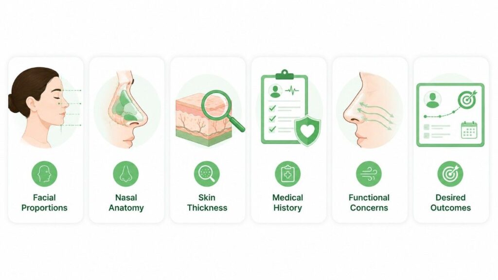 Best age for rhinoplasty surgery infographic illustrating facial proportions, nasal anatomy, skin thickness, medical history, functional concerns, and desired outcomes in a patient consultation.