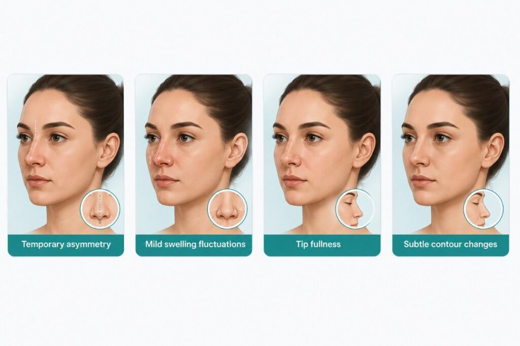 Medical infographic illustrating what to expect after rhinoplasty surgery, showing common nasal appearance changes during recovery, including temporary asymmetry, mild swelling fluctuations, tip fullness, and subtle contour changes.