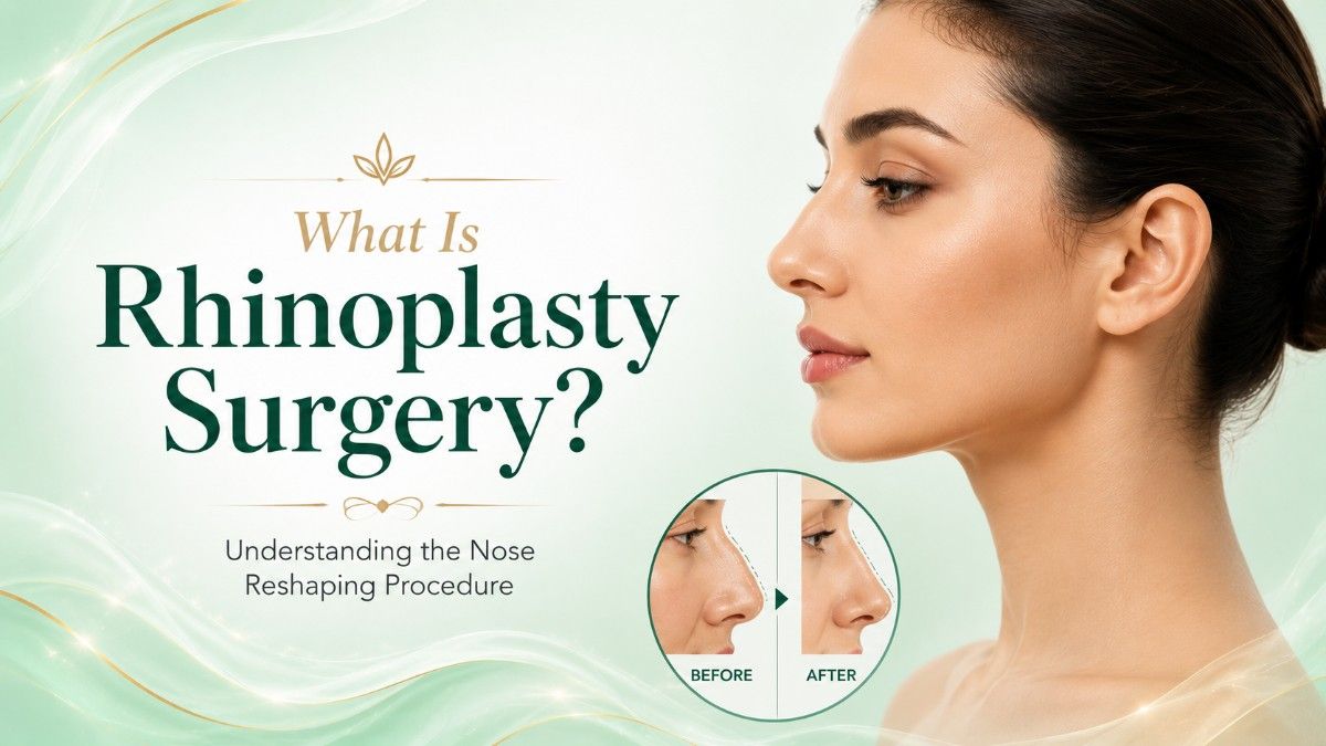What is rhinoplasty surgery illustrated with a woman's side profile, nose reshaping visualization, and before-and-after comparison on a soft green medical aesthetic background.