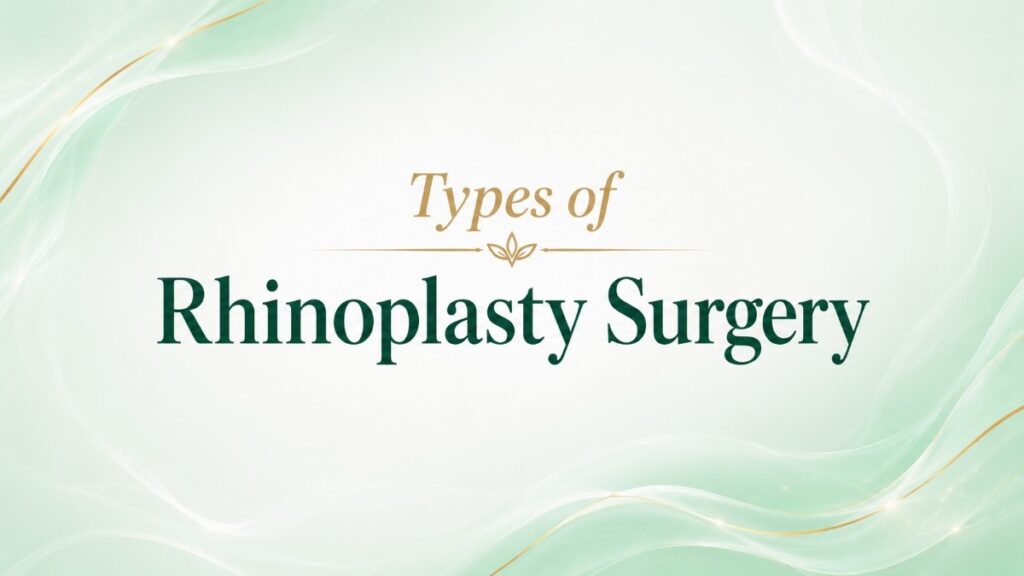Types of Rhinoplasty Surgery title banner on a soft mint green and white medical aesthetic background with elegant gold accents.