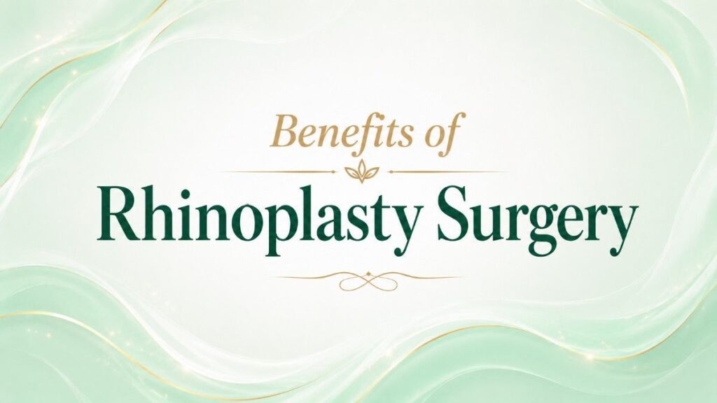 Benefits of Rhinoplasty Surgery title banner displayed on a soft mint green and white medical aesthetic background with elegant gold accents.
