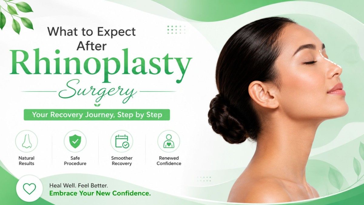 What to Expect After Rhinoplasty Surgery banner featuring a patient during rhinoplasty consultation and post-surgical recovery planning in a professional aesthetic clinic.
