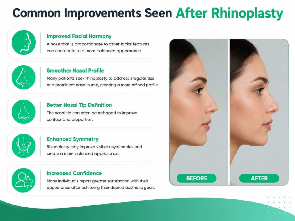 Common improvements seen after rhinoplasty before and after results showing improved facial harmony, smoother nasal profile, better nasal tip definition, enhanced symmetry, and increased confidence.