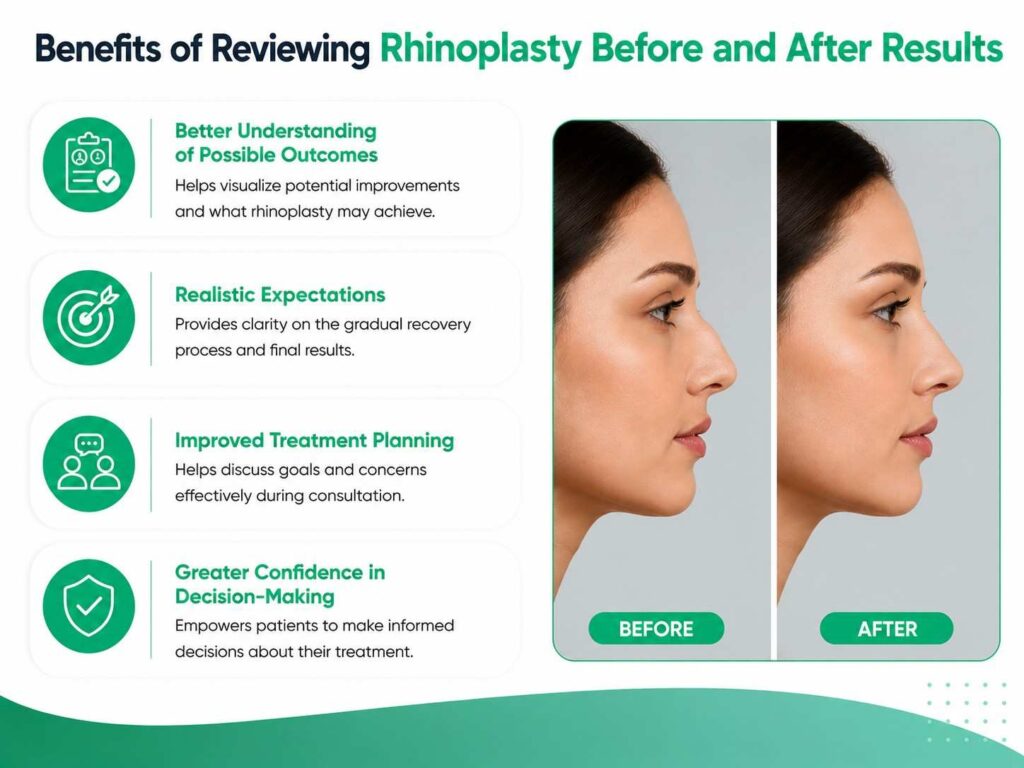 Benefits of reviewing rhinoplasty before and after results including better understanding of outcomes, realistic expectations, improved treatment planning, and confident decision-making.