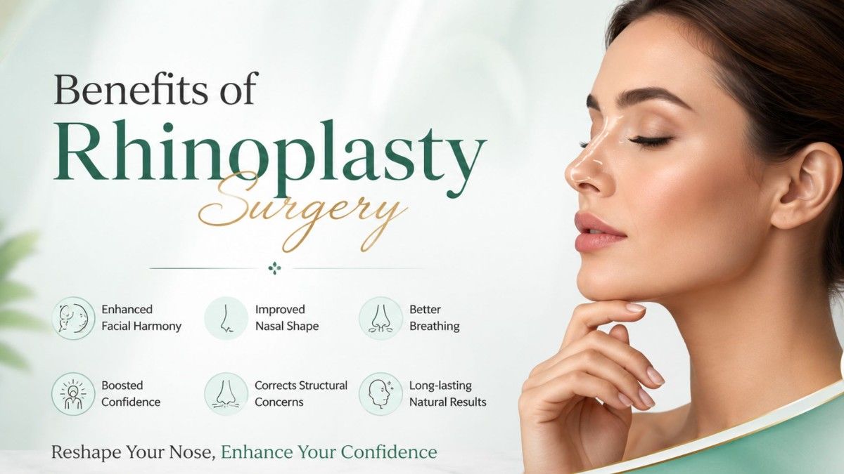 Benefits of Rhinoplasty Surgery banner featuring a woman with refined nasal profile and facial harmony in a premium aesthetic healthcare setting.