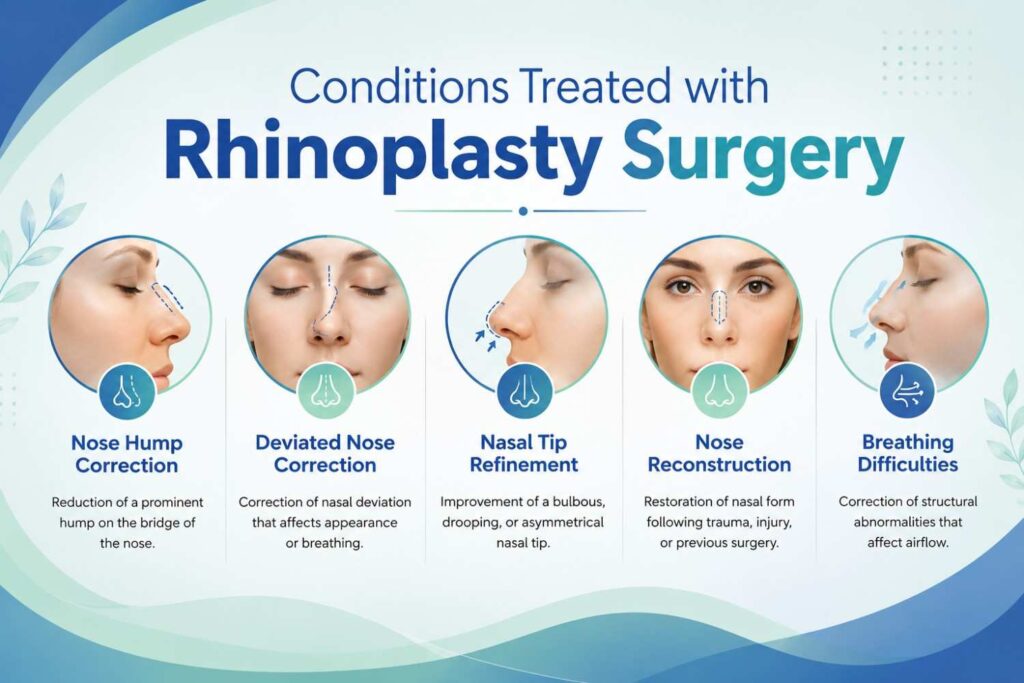 Infographic showing conditions treated with rhinoplasty surgery including nose hump correction, deviated nose correction, nasal tip refinement, nose reconstruction, and breathing difficulties.