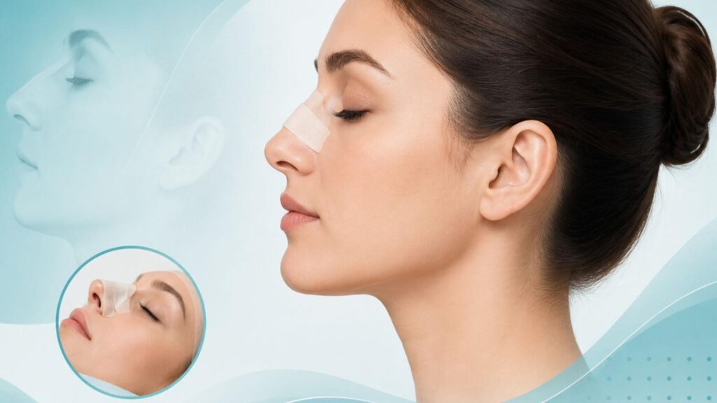 Rhinoplasty recovery time showing post-surgery healing, nasal splint care, and recovery progress after nose reshaping surgery