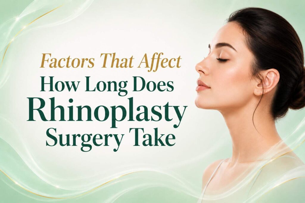 Factors That Affect How Long Does Rhinoplasty Surgery Take infographic showing key elements that influence rhinoplasty procedure duration