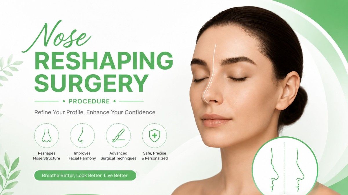 Nose Reshaping Surgery Procedure banner featuring a patient with surgical nose markings and an educational illustration explaining rhinoplasty in a clean green and white healthcare design.