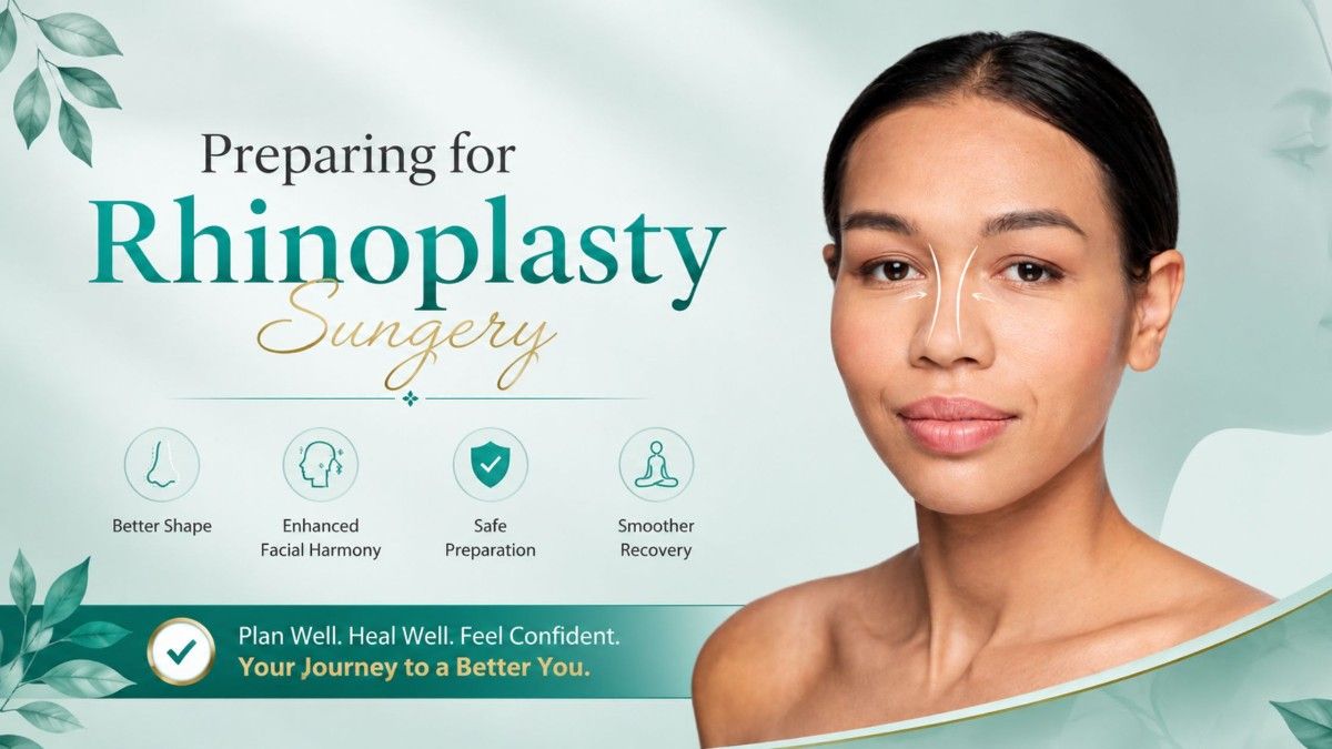 Preparing for Rhinoplasty Surgery banner featuring a woman with nasal assessment markings in a premium aesthetic healthcare setting.