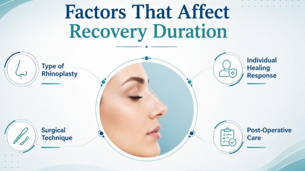 Factors that affect rhinoplasty recovery time including procedure type, surgical technique, healing response, and post-operative care