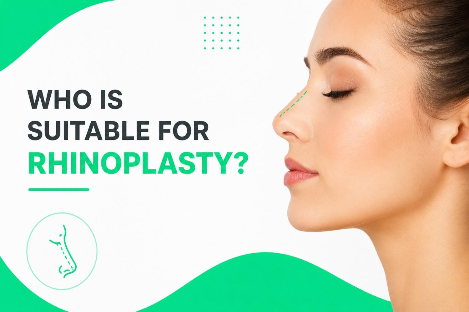 Side-profile image of a woman highlighting nasal shape and facial profile beside the headline “Who Is Suitable for Rhinoplasty?”, representing candidates considering nose reshaping surgery for cosmetic or functional concerns.
