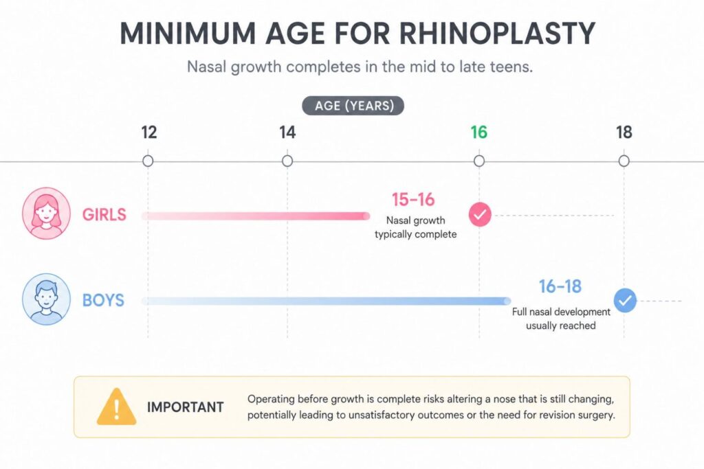 Infographic illustrating the minimum age for rhinoplasty, showing nasal growth completion timelines for girls and boys, with girls typically reaching maturity at 15–16 years and boys at 16–18 years.