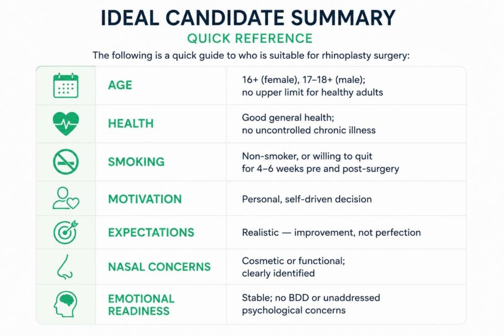Infographic titled “Ideal Candidate Summary – Quick Reference” outlining the key criteria for rhinoplasty candidates, including age, health status, smoking habits, motivation, expectations, nasal concerns, and emotional readiness.