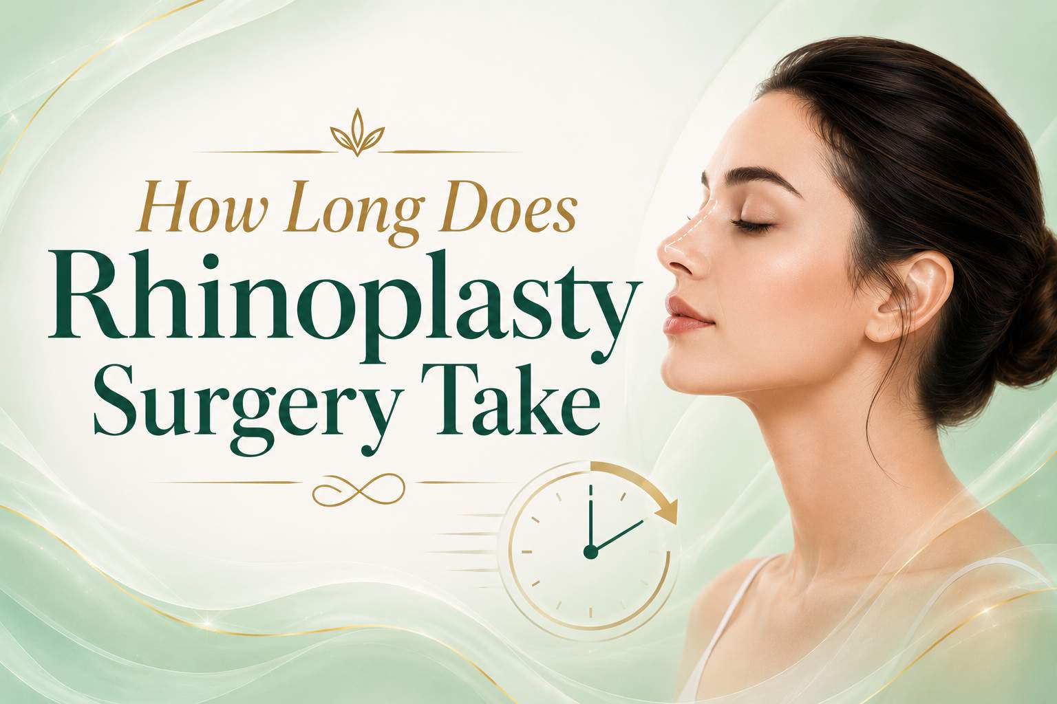 How Long Does Rhinoplasty Surgery Take infographic showing rhinoplasty procedure duration and recovery timeline with a patient profile illustration
