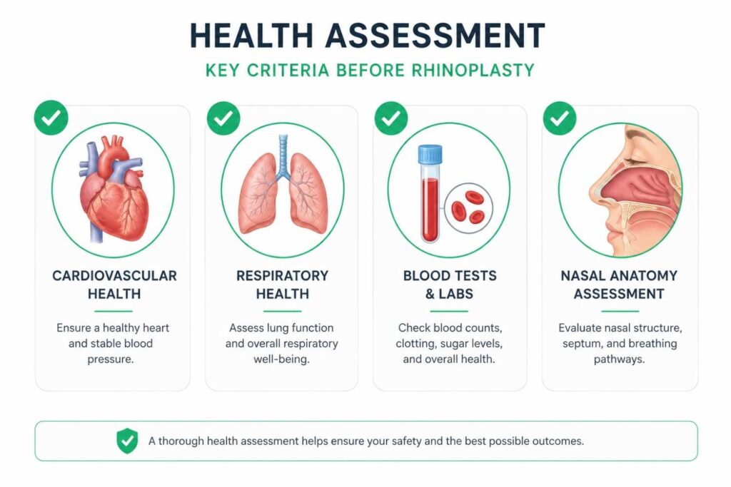 Clinical infographic illustrating key health assessment criteria before rhinoplasty, including cardiovascular health, respiratory health, blood tests, and nasal anatomy evaluation.