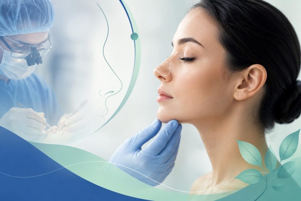 Rhinoplasty surgery illustration showing nasal reshaping, facial profile enhancement, and cosmetic nose correction.
