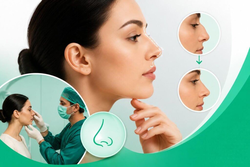 Rhinoplasty before and after results illustration showing nose reshaping transformation, surgical consultation, and improved facial profile after rhinoplasty surgery.