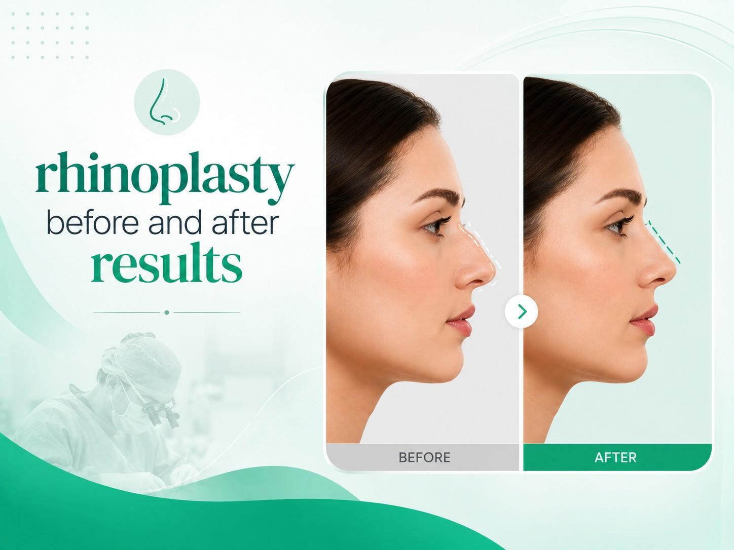 Rhinoplasty before and after results showing nose reshaping transformation with improved nasal profile, facial balance, and aesthetic enhancement.