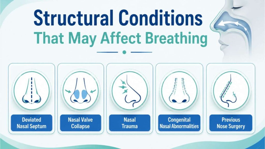 Illustration explaining can rhinoplasty improve breathing problems by showing structural nasal conditions such as a deviated septum, nasal valve collapse, nasal trauma, congenital nasal abnormalities, and previous nose surgery.