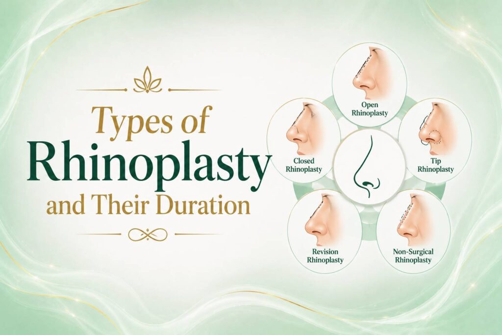 Types of Rhinoplasty and Their Duration infographic showing different rhinoplasty procedures including open, closed, tip, revision, and non-surgical rhinoplasty