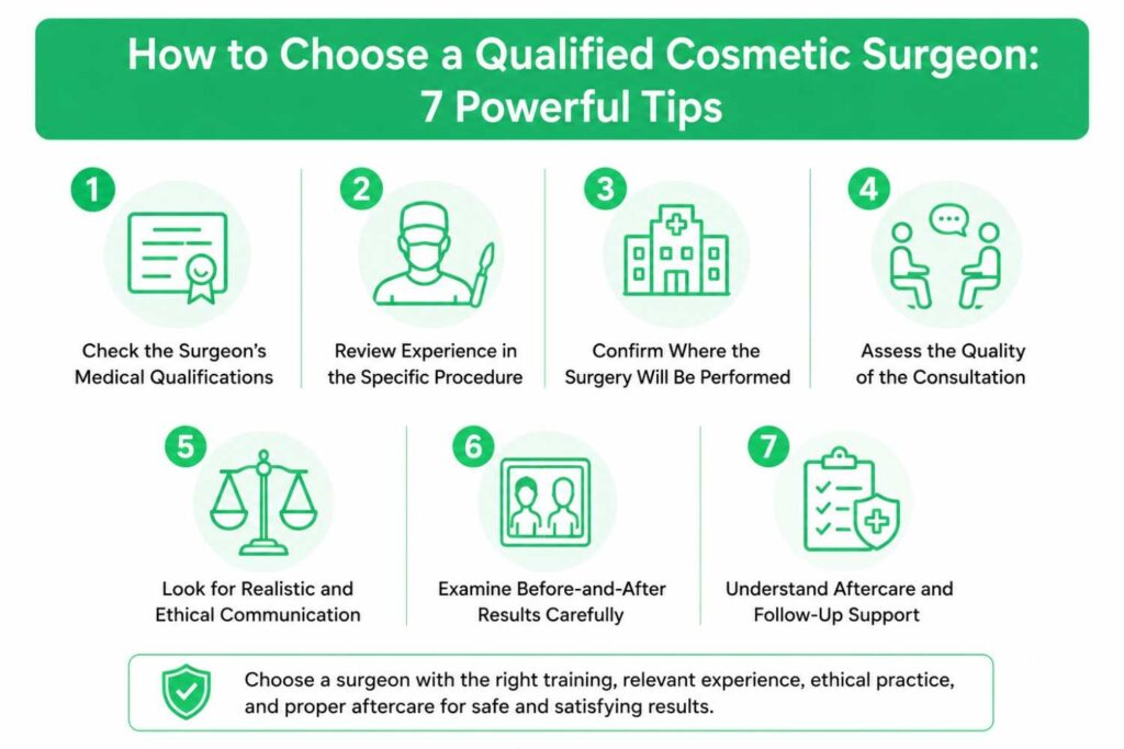Infographic outlining seven tips for choosing a qualified cosmetic surgeon, including checking medical qualifications, reviewing procedure-specific experience, confirming the surgical facility, assessing the consultation, evaluating ethical communication, reviewing before-and-after results, and understanding aftercare support in a clean green and white design.