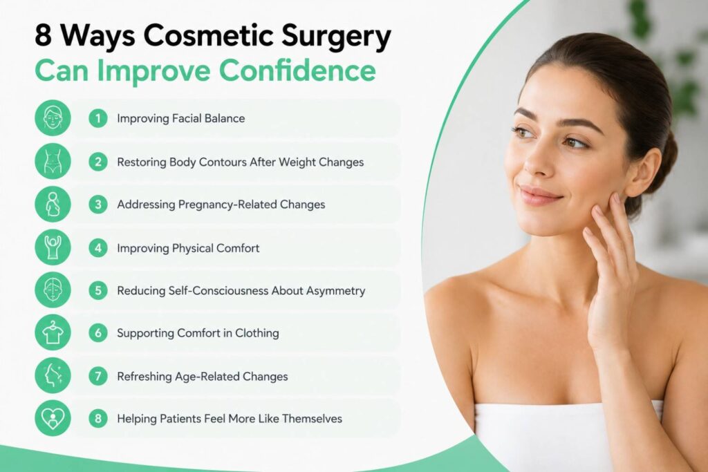 Minimalist medical infographic showing eight ways cosmetic surgery can improve confidence, featuring a confident woman and simple icons representing facial balance, body contouring, pregnancy-related changes, physical comfort, symmetry, clothing confidence, age-related rejuvenation, and self-image.