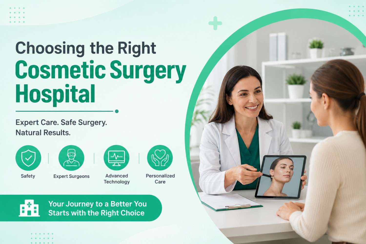 Choosing the Right Cosmetic Surgery Hospital featured image showing a surgeon consulting a patient in a modern medical setting.