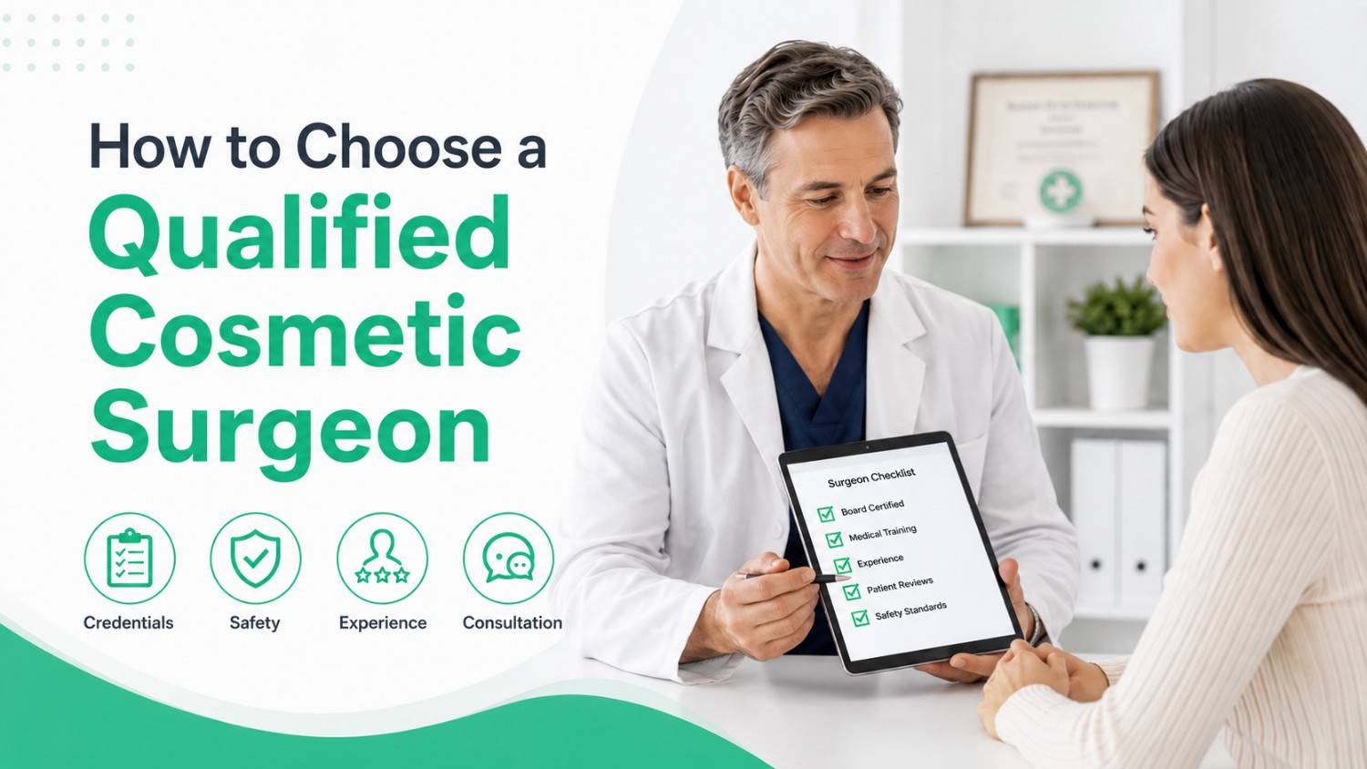 How to Choose a Qualified Cosmetic Surgeon with a surgeon explaining credentials, experience, safety standards, and consultation details to a patient.