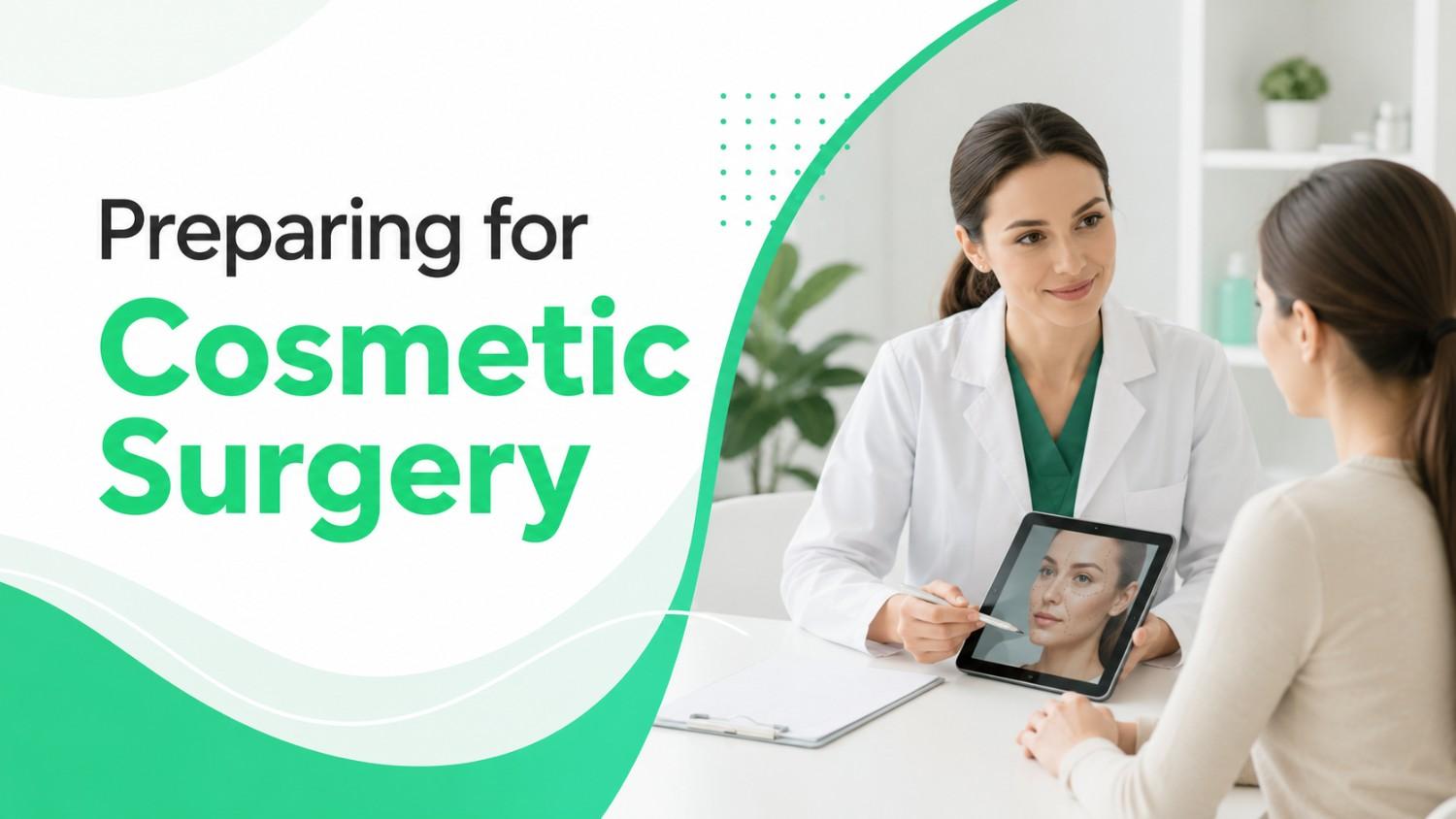 Preparing for Cosmetic Surgery consultation between a plastic surgeon and patient in a modern clinical setting.